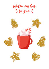 Creative Christmas card red cup and gingerbread. Vector illustration. Template for Greeting Cards, Scrapbooking, Invitations.  Scandinavian style.