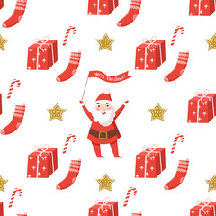 Christmas seamless pattern with Santa, christmas stick, gingerbread, gift box. Scandinavian style. Vector illustration. - 232172206