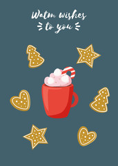Creative Christmas card red cup and gingerbread. Vector illustration. Template for Greeting Cards, Scrapbooking, Invitations.  Scandinavian style. - 232172209