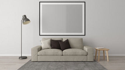 Living room corner with gray wall, sofa, carpet, floor lamp, wood floor, one horizontal frame
