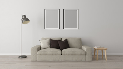 Living room corner with gray wall, sofa, floor lamp, wood floor, two vettical frame