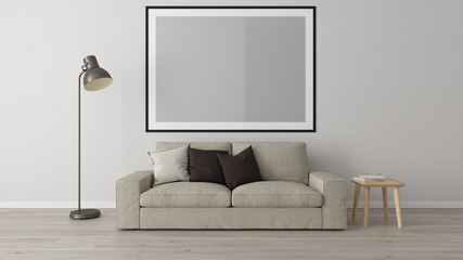 Living room corner with gray wall, sofa, floor lamp, wood floor, one horizontal frame