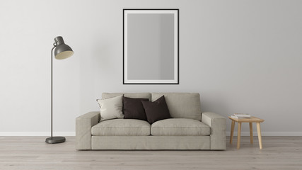 Living room corner with gray wall, sofa, floor lamp, wood floor, one vertical frame	