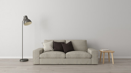 Living room corner with gray wall, sofa, floor lamp, wood floor