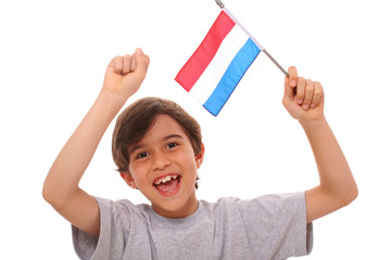 Happy kid holding a Dutch Flag