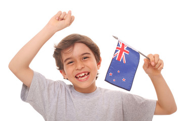 Happy kid holding a New Zealand Flag