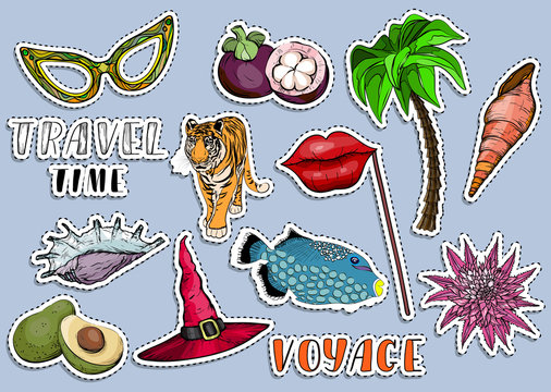 Colorful sticker set. Traveling time and summer vocation concep