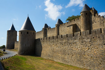 Fototapeta na wymiar Walls of fortified city of Carcassonne