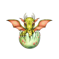 Cute little just newborn dragon in egg with two wings. Digital artwork.