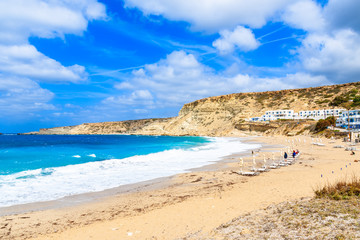 Beautiful beach in Lefkos village on sea coast of Karpathos island, Greece