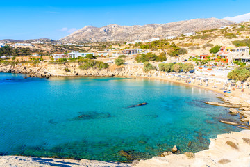 Amazing bay with beach in Ammopi village on sea coast of Karpathos island, Greece