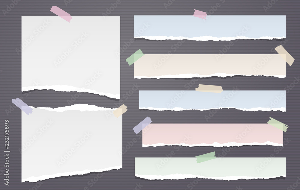 Poster white and colorful note, notebook paper strips with torn edges stuck with sticky tape on dark lined 