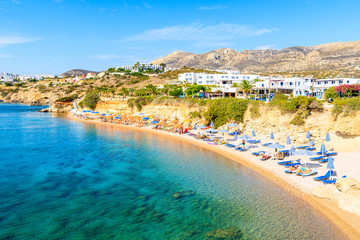 Amazing bay with beach in Ammopi village on sea coast of Karpathos island, Greece