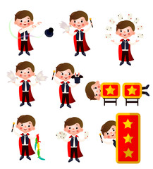 Set of magicians. The young magician performs different tricks with cards, with pigeons, rabbits.