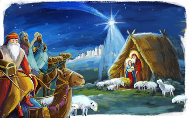 traditional christmas scene with holy family and three kings for different usage - illustration for children © honeyflavour