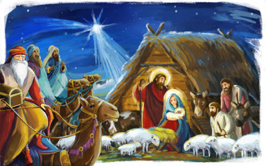 traditional christmas scene with holy family and three kings for different usage - illustration for children