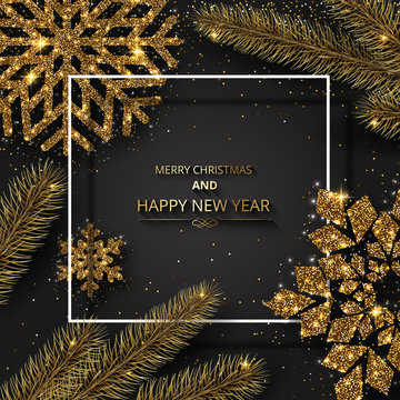 Merry Christmas and Happy New Year shiny card with golden snowflakes and fir branches.