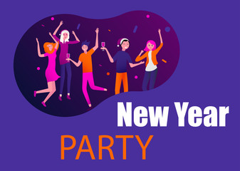 New Year party poster with happy dancing people.
