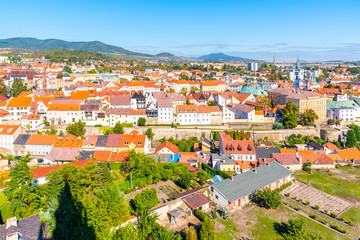 Aerial view of Litomerice from cathedral bell tower on sunny summer day, Czech Republic.