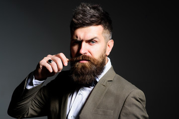 The barber for life. Man with long beard in business wear. Bearded man after barber shop. Business as usual. Mens fashion. Im just excited to be in the fashion business