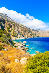 Beautiful sea coast and mountains near Apella beach on Karpathos island, Greece