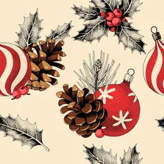 Gardinen Nahtloses Muster mit Tannenzapfen und Weihnachtsspielzeug © olga_igorevna