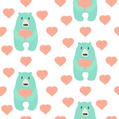 Seamless pattern with cute cartoon bears with hearts. Vector background.