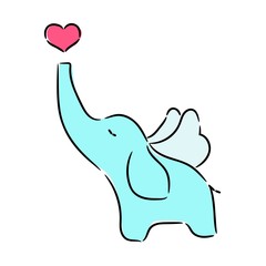 Cute elephant with heart cartoon hand drawn vector illustration. Can be used for t-shirt print, kids wear fashion design, baby shower invitation card.