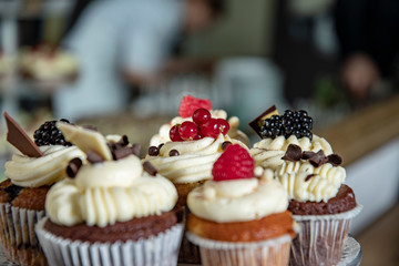 cupcakes with fruits and wedding cake and buffet in the background
