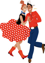 Cute cartoon couple dressed in traditional country western costumes dancing square dance or contradance, EPS 8 vector illustration