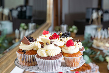 cupcakes with fruits at sweet table buffet
