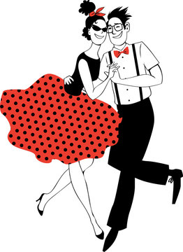 Cartoon couple in vintage clothing dancing rock-and-roll on a vinyl record, EPS 8 vector illustration, no white objects, red is on the  separate layer 