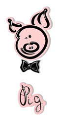 smiling cartoon piggy painted with brush, with lettering pig