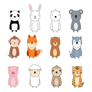 Cute animal cartoon character icon set, vector illustration