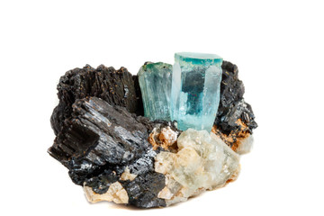 Macro mineral stone Aquamarine and black tourmaline, Schorl on a white background © Minakryn Ruslan 