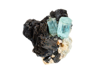 Macro mineral stone Aquamarine and black tourmaline, Schorl on a white background