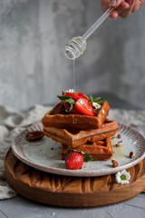 Belgium waffles with strawberry and honey at gray plate on wood board at bray background, camomile near
