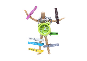 Time management - A wood figure Mannequin with wooden clips labelled days of the week on its arms and chained with a clock on its neck isolated