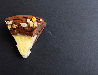 chocolate cake pie with white cream, top view