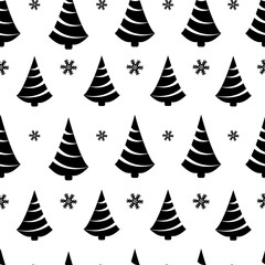 Geometric seamless pattern with black christmas tree and snowflake isolated on white background. Vector illustration