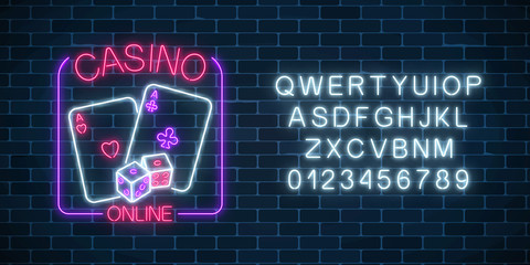 Glowing neon sign of online casino application in rectangle frame with alphabet. Casino bright signboard.