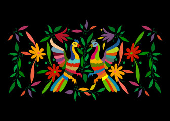 Etniczny meksykański gobelin z haftem w kwiaty i ręcznie robione zwierzęta w dżungli pawia. Naiwne dekoracje ludowe. styl łaciński, hiszpański, śródziemnomorski. Hafty tekstylne kolorowe elementy na białym tle - 232186667