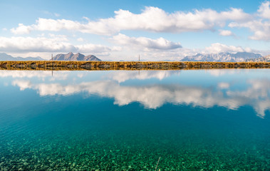 Image of mountain panorama with water reflections in lake