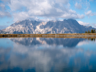 Image of mountain panorama with water reflections in lake