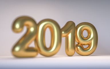 Golden number New Year 2019 with a depth of field. 3d render