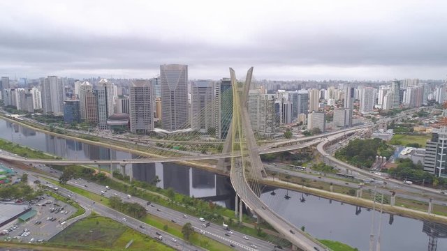 Aerial view of Octavio Frias de Oliveira Bridge, a landmark in Sao Paulo, the biggest city in Brazil