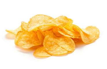 heap of potato chips isolated on white background