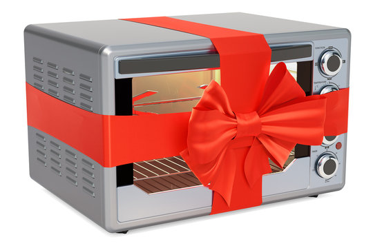 Convection Toaster Oven with Rotisserie and Grill with red ribbon and bow. 3D rendering