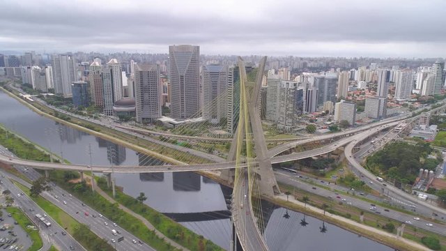 Aerial view of Octavio Frias de Oliveira Bridge, a landmark in Sao Paulo, the biggest city in Brazil