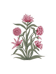 Wood block print vector floral element. Traditional oriental ethnic motif of India Mogul, bunch of pink carnations isolated on white background. For your design. - 232188454